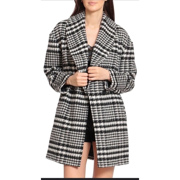 Avec Les Filles Jackets & Blazers - NWT Avec Les Filles‎ Womens Brushed Faux Wool Plaid Overcoat Black & White SZ L